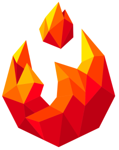 Ein geometrisches, polygonales Flammenmotiv in Rot, Orange und Gelb, bestehend aus einer großen Flammenform und einer kleineren Flamme darüber auf weißem Hintergrund.